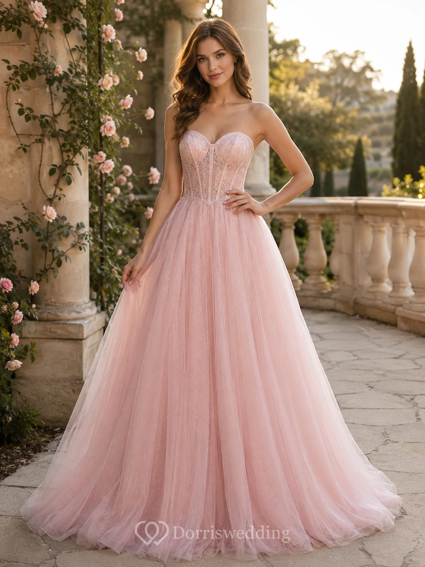Blush Strapless Sweetheart Sheer Corset Tulle A-Line Floor Length Prom Dress