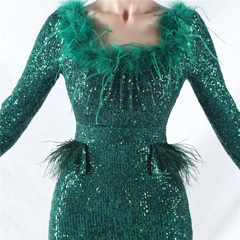 Craft-Made Ostrich Feather Long-Sleeved Beads Evening Dress view 41