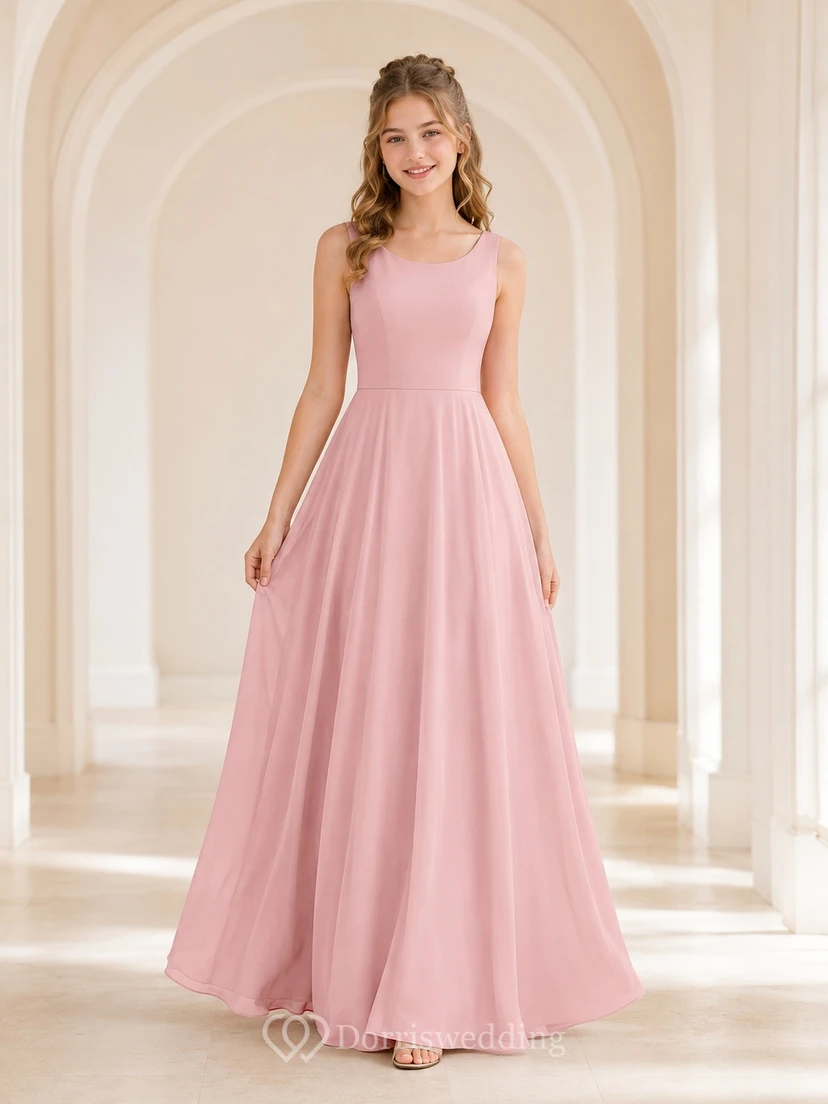 Vestido de dama de honor juvenil rosa ruborizado, corte en A, sin mangas, de gasa sencilla.