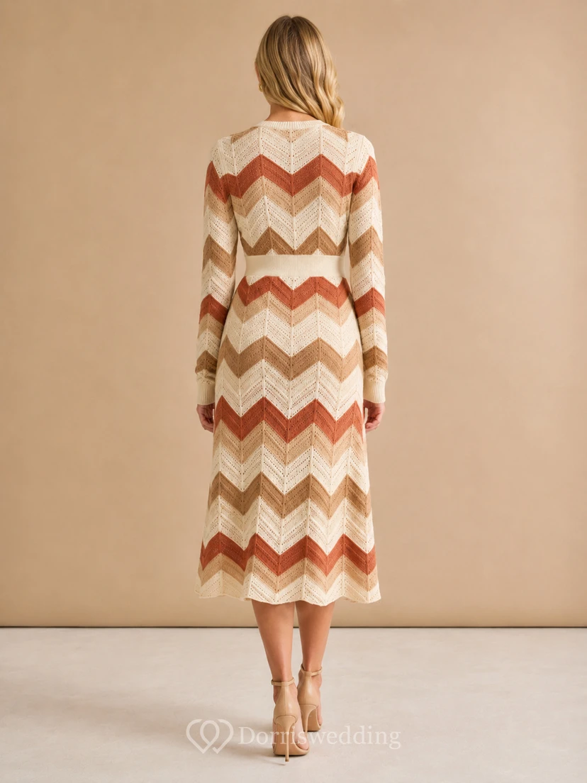 Rust Chevron Print V-Neck Long Sleeve Knit Midi Dress view 2