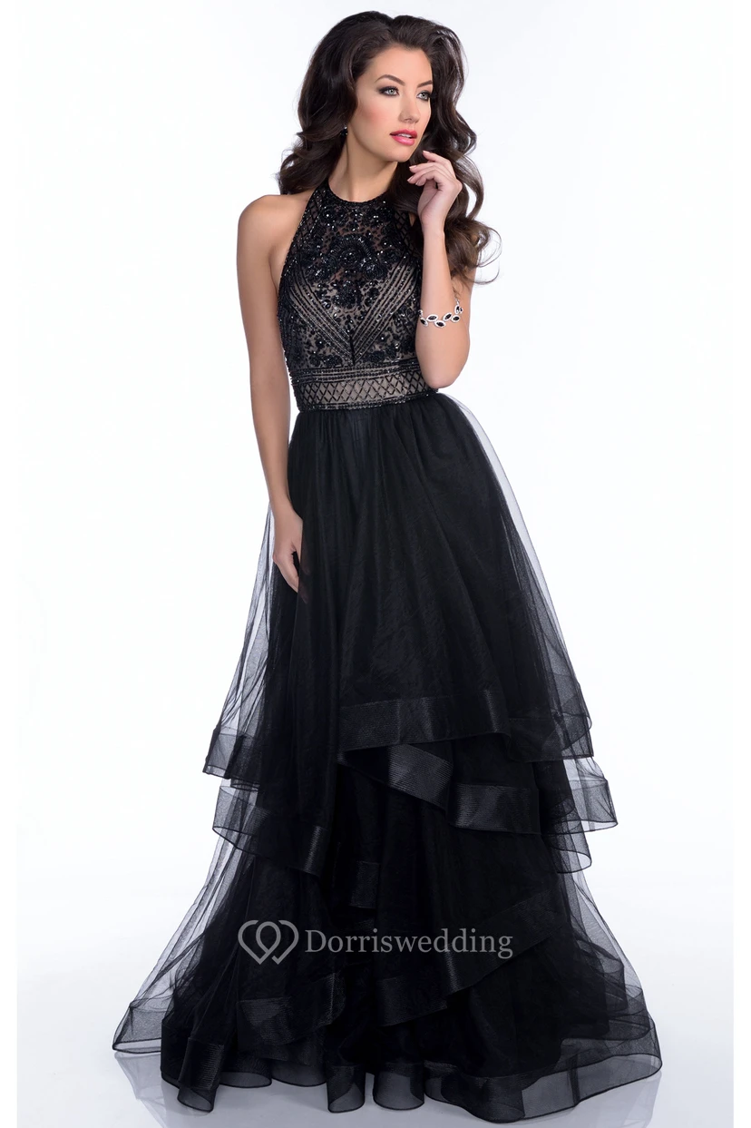Ärmelloses, mehrlagiges Tüll-Abendkleid mit Strasssteinen und offenem Rücken