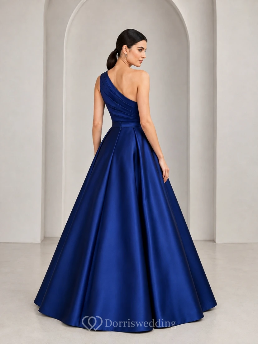 Satin One Shoulder Sleeveless Royal Blue Ball Gown Luxury Dress view 2