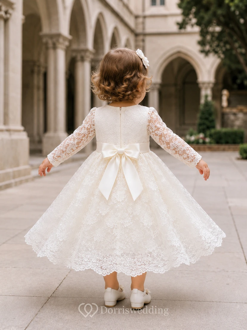 Elegantes Taufkleid mit Spitzenärmeln in A-Linie für kirchliche Zeremonien – schlicht, romantisch, bezaubernd, mit Tüll und Schmucksteinen verziert, lange Ärmel view 2