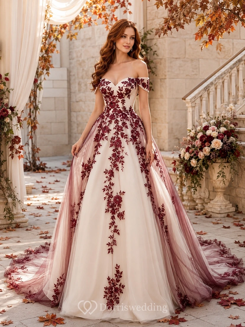 Burgundy Botanical Bridal A-Line Off-the-shoulder Short Sleeve Cathedral Train Romantic Elegant Gown