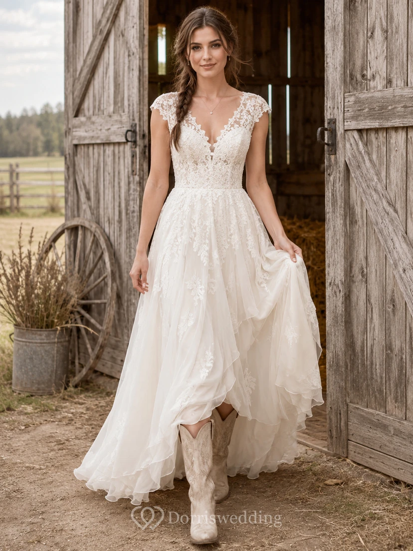 Boho V-Neck A-Line Bridal Gown with Cap Sleeves and Lace Split Skirt Romantic Bohemian Tulle