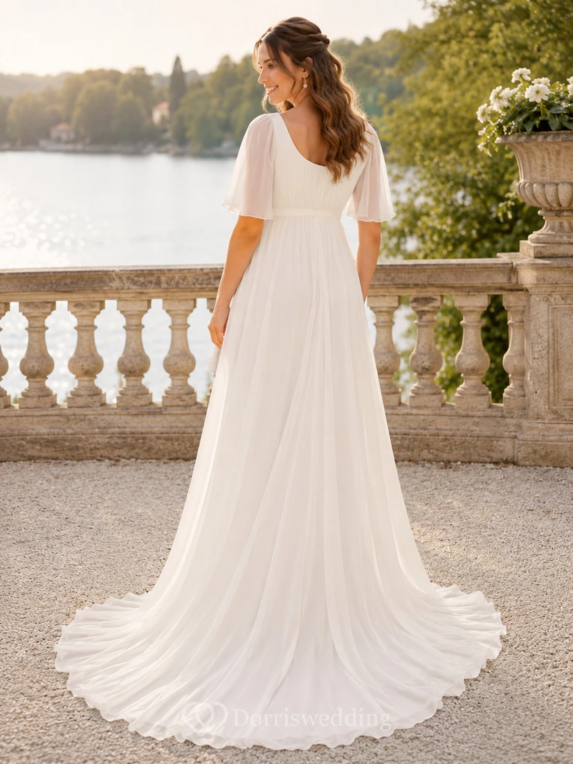 Simple Maternity Scoop Flutter Sleeve Chiffon Empire A-Line Sweep Wedding Gown view 2