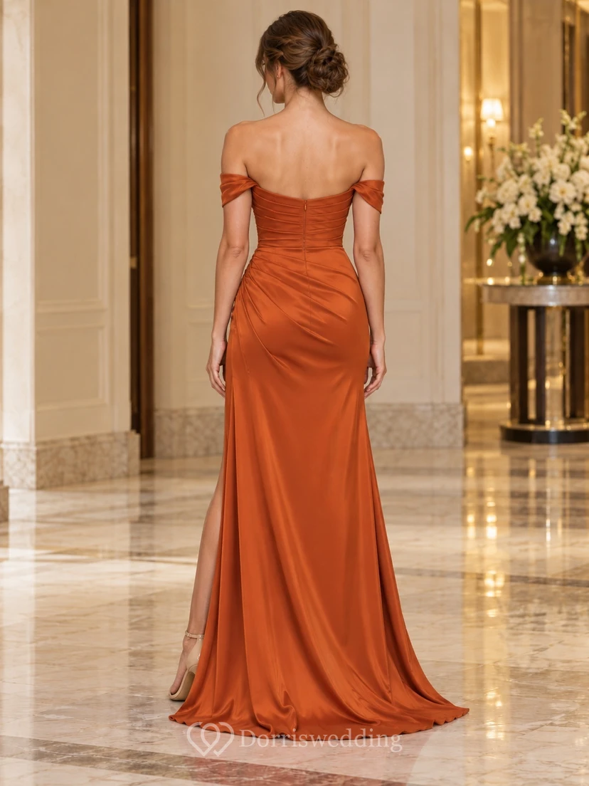 Burnt Orange Off Shoulder Wrapped Satin Slit Formal Gown view 2