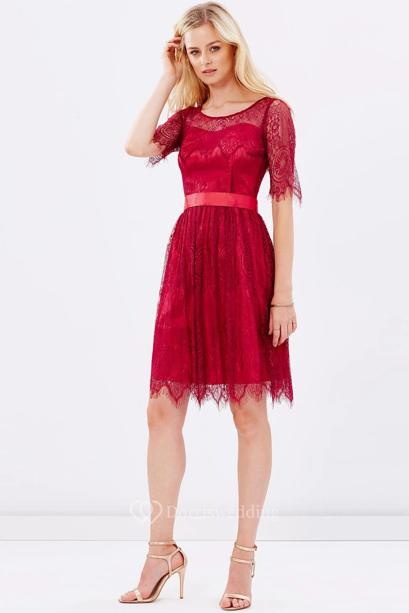 Mini Half Sleeve Scoop Neck Ribboned Lace Bridesmaid Dress view 5