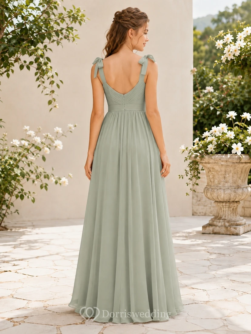 Celadonfarbenes Brautjungfernkleid für junge Mädchen, A-Linie, herzförmiger Schnitt, ärmellos, Chiffon, elegant view 2