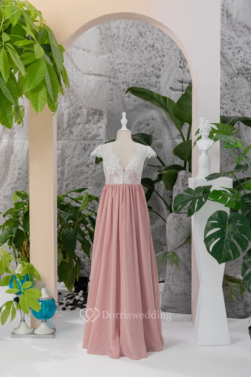 Lace Cap White and Coral Empire Chiffon Floor-length Flowergirl Dress view 2