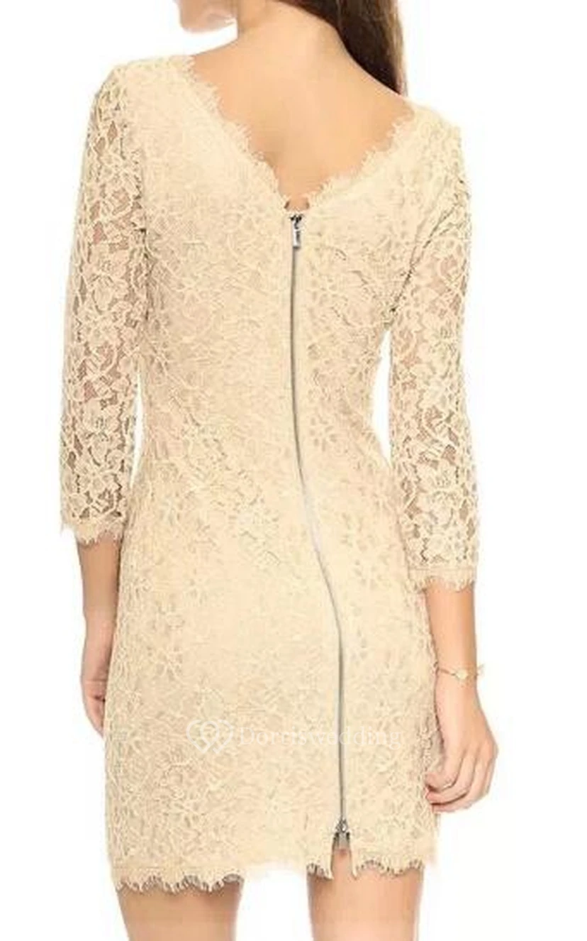 3-4 Sleeved Short Mini Lace Sheath Dress with V-back view 4