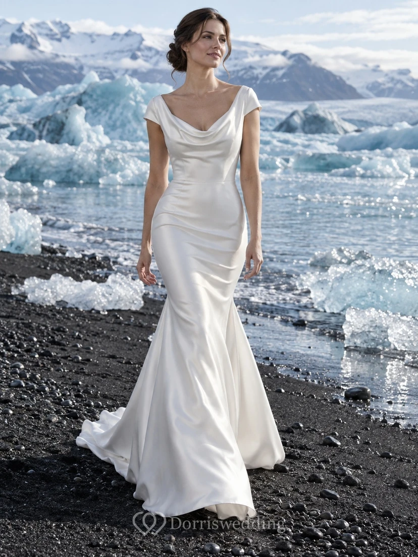 Sencillo vestido de novia de satén estilo sirena con cuello drapeado y mangas cortas tipo casquillo.