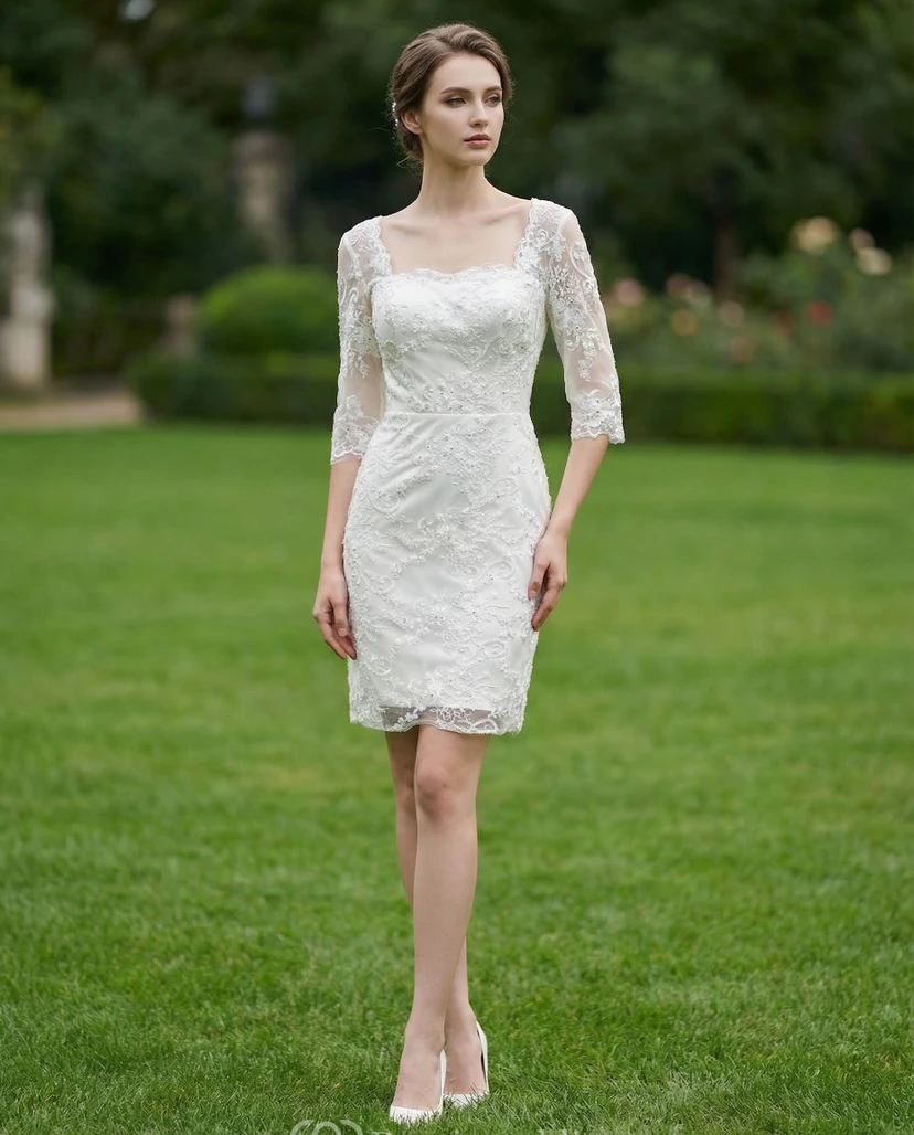 Robe de mariée en dentelle à manches courtes et dos nu en V