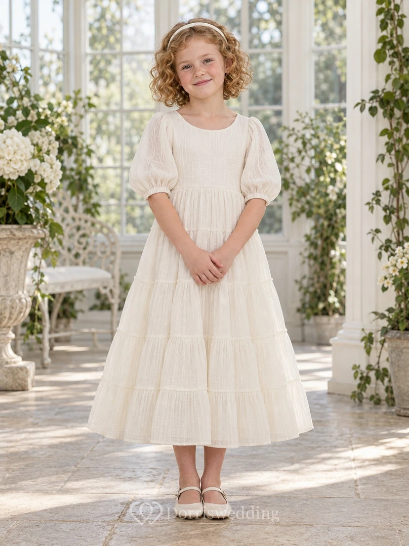 Modest Country Tea-length Ivory Balloon Sleeve Tiered Gauze Flower Girl Dress