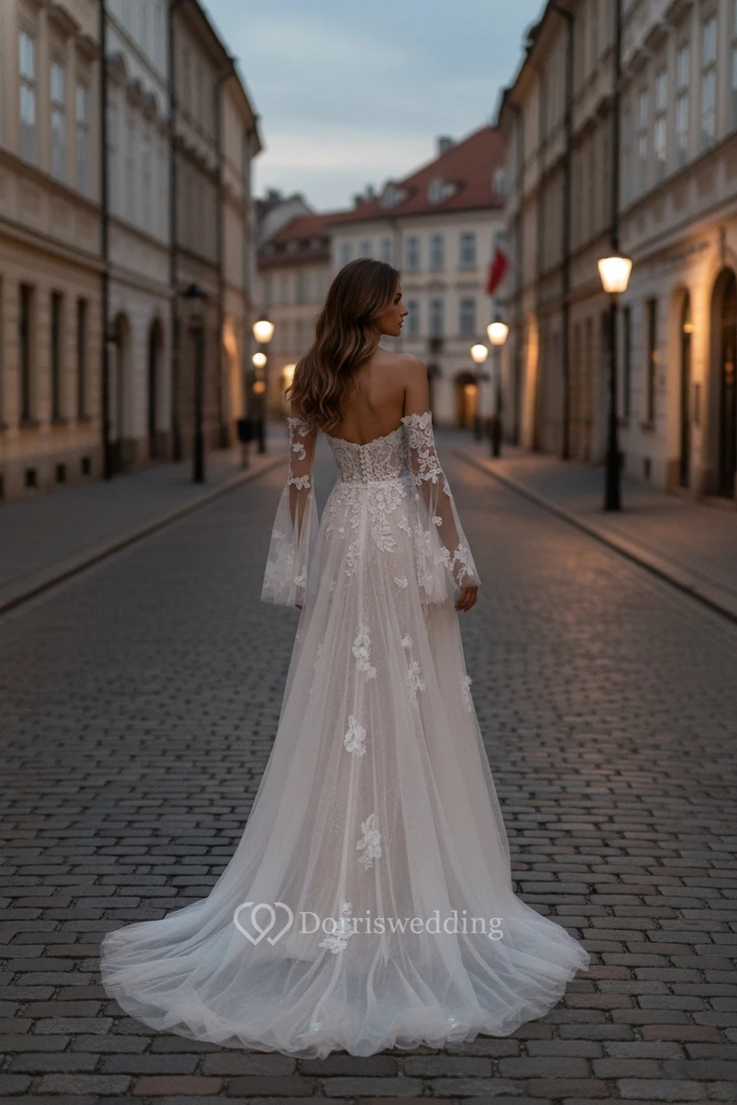 Sexy Brautkleid mit herzförmigem Herzausschnitt, langen Ärmeln und abnehmbarem Rock view 2