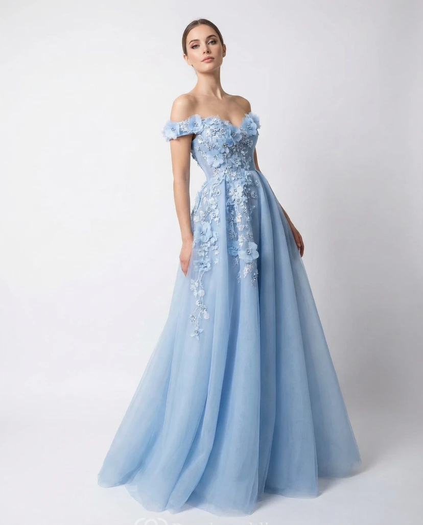 Beaded Floral Applique Off-Shoulder Gown