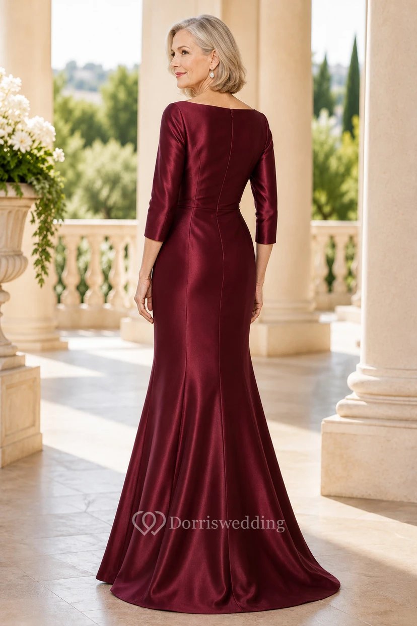 Burgunderfarbenes Meerjungfrauen-Kleid aus Satin mit Bateau-Muster view 2