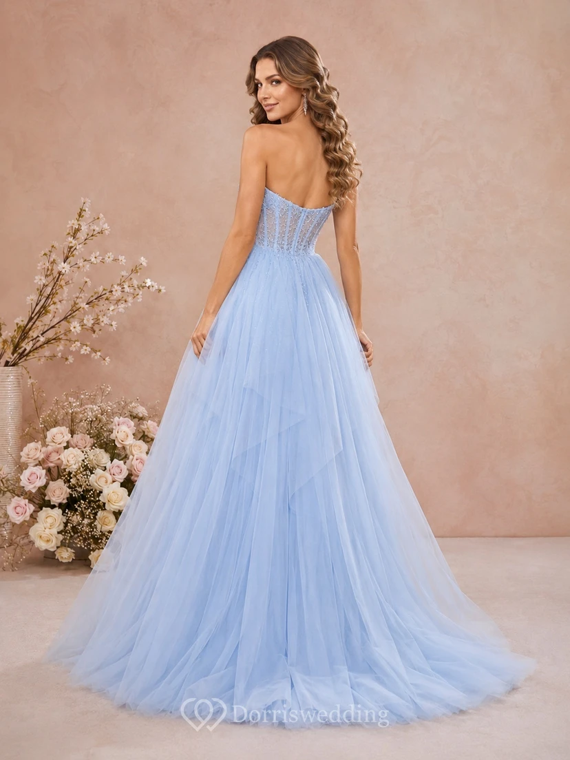 Princess Sky Blue Strapless Sweetheart Beaded Tulle Ball Gown Sweep Train Prom Dress view 2