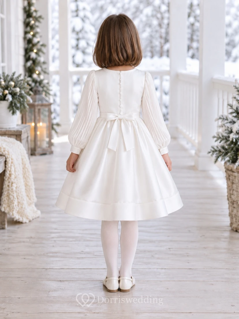 White Satin Pintucked Bodice Long Pleated Sleeve Flower Girl Dress view 2