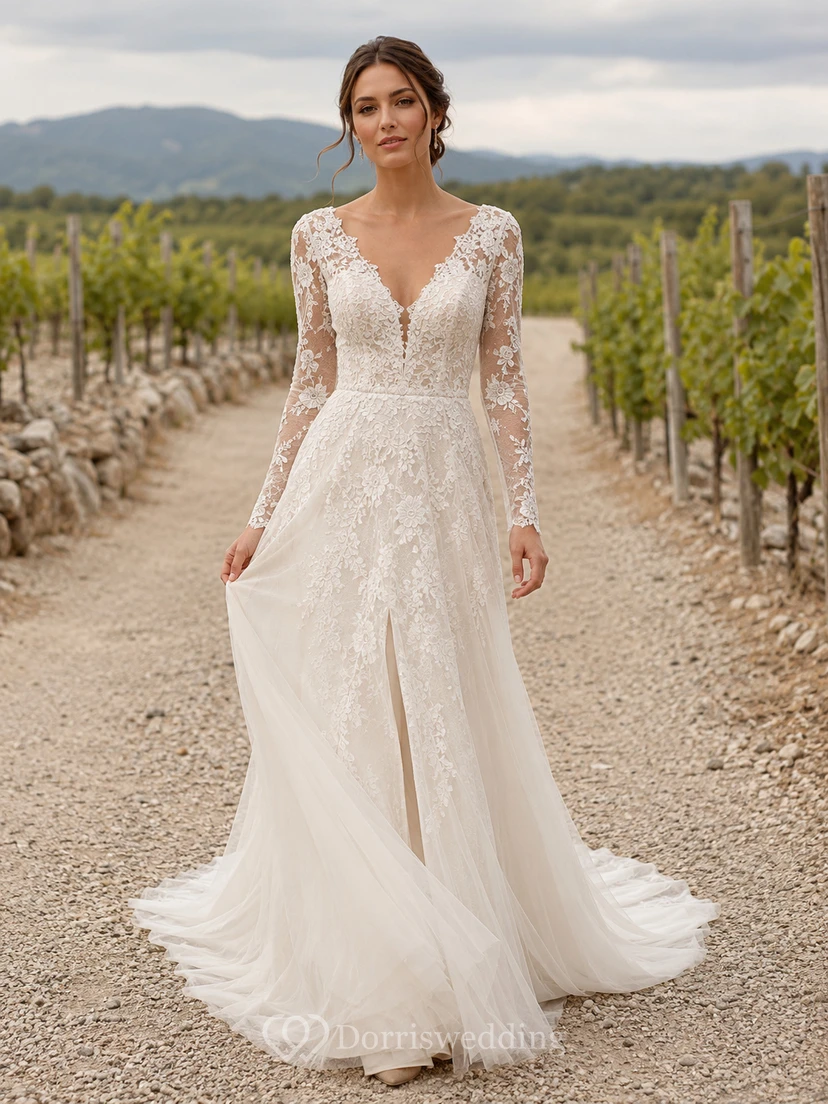 Rustic V Neck Long Illusion Lace Sleeve A Line Chapel Wedding Gown