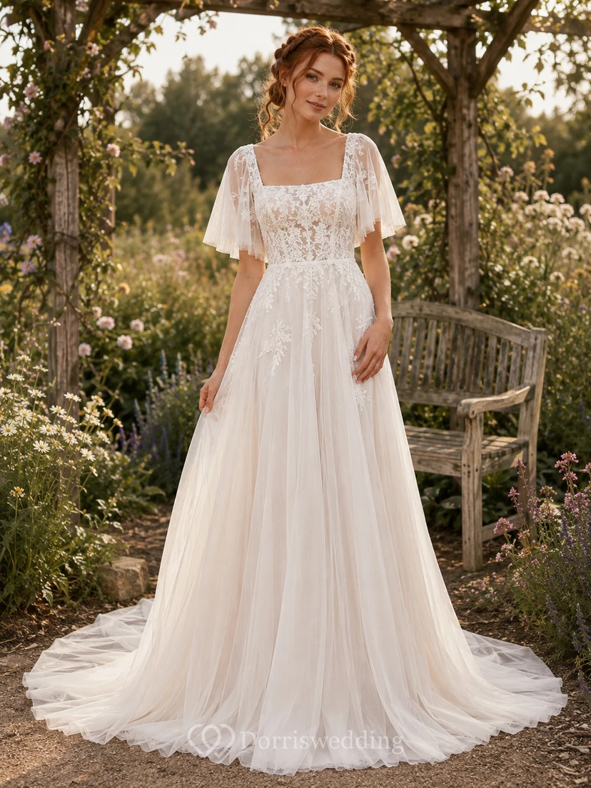 Schneller Versand: Boho-Brautkleid mit flatternden Ärmeln und Spitze