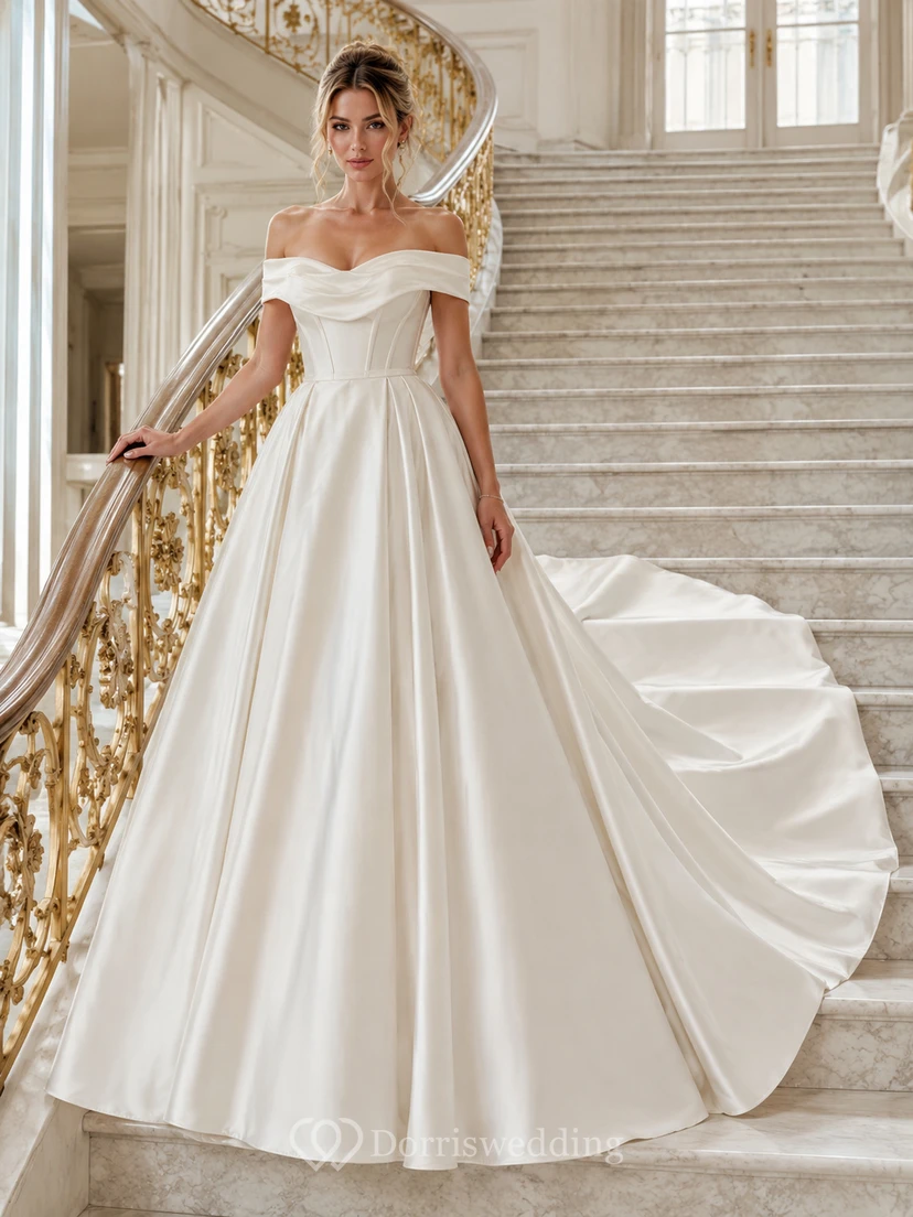 Minimalist Satin Wedding Dress Ball Gown Off Shoulder Chapel Train Bridal Gown