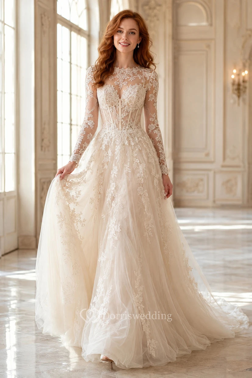 Vestido de novia de encaje y tul, corte A, sin tirantes, escote corazón, manga larga, cola larga.