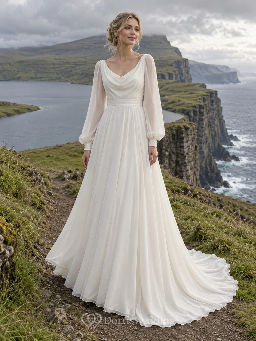 Schlichtes, langärmeliges Chiffon-Brautkleid in A-Linie mit Wasserfallausschnitt, Taillenband und abgerundeter Schleppe
