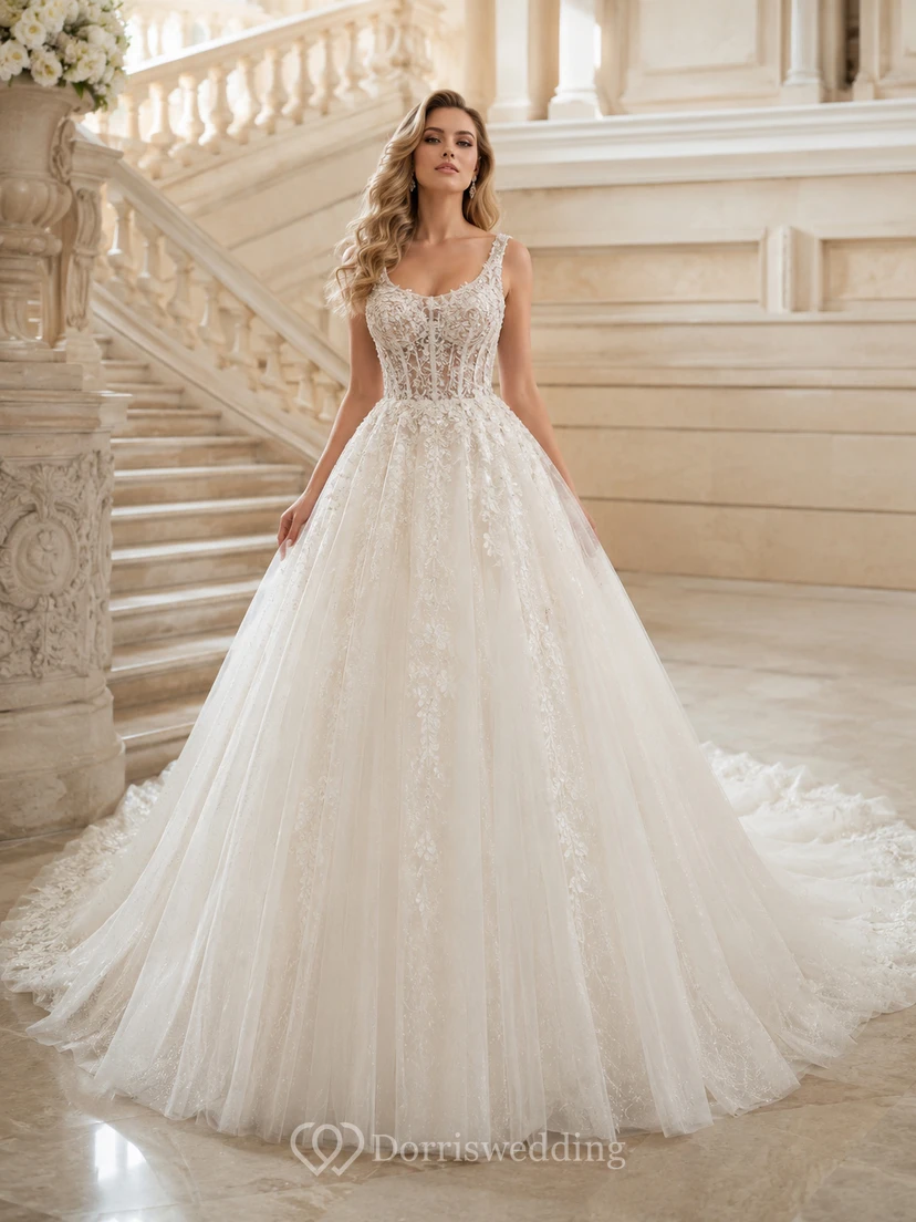 Robe de bal en dentelle immaculée et tulle, bretelles cœur, sans manches, traîne cathédrale, applications florales, robe de mariée de salle de bal