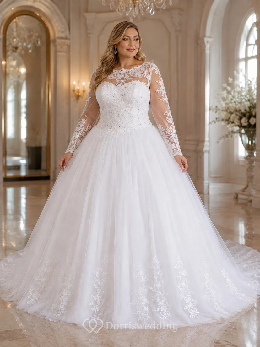 A-Line Ball Gown Long Sleeve Cathedral Train Tulle Lace Satin Dress view 8