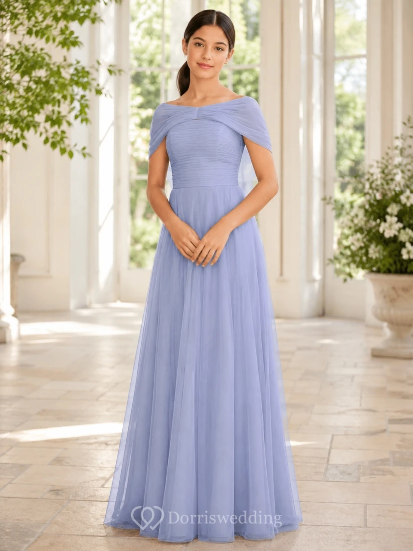 Lavendelfarbenes Brautjungfernkleid für junge Damen, A-Linie, schulterfrei, kurze Ärmel, Blütenblatt-Rüschen, romantisch
