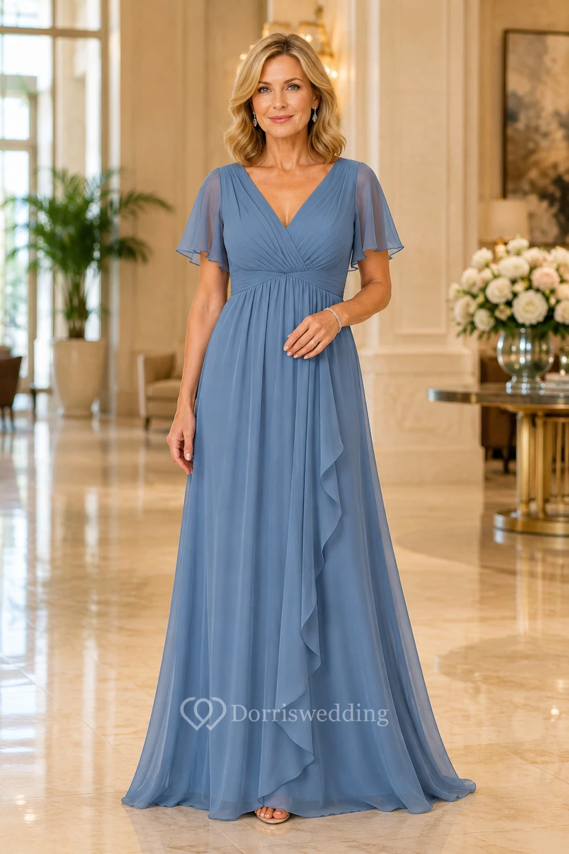 MOB-Kleid aus stahlblauem Chiffon, A-Linie, kurze Ärmel, V-Ausschnitt, bodenlang, mit Rüschenbesatz