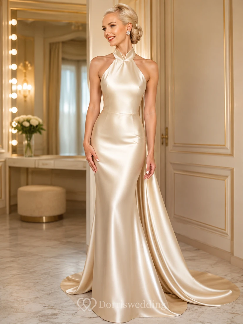 Robe de mariée longue en satin, dos nu, col halter, coupe balayée, col licou.