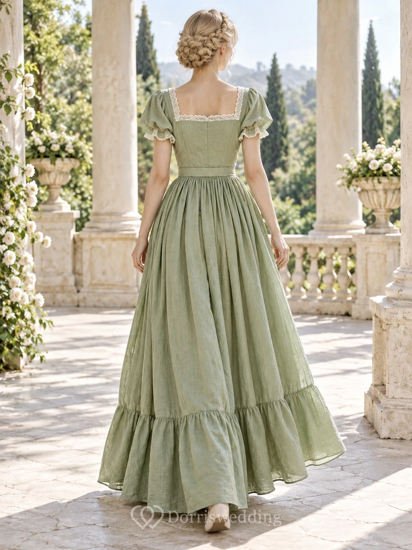 Victorian Modest Sage Square Neck Puff Sleeve Full Skirt Dress view 2
