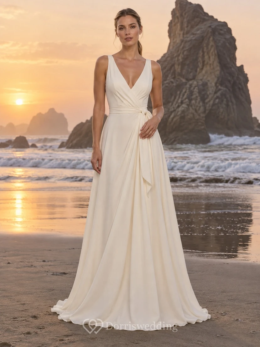 Simple V-Neck Sleeveless Draped Crepe de Chine A-Line Floor Length Wedding Dress