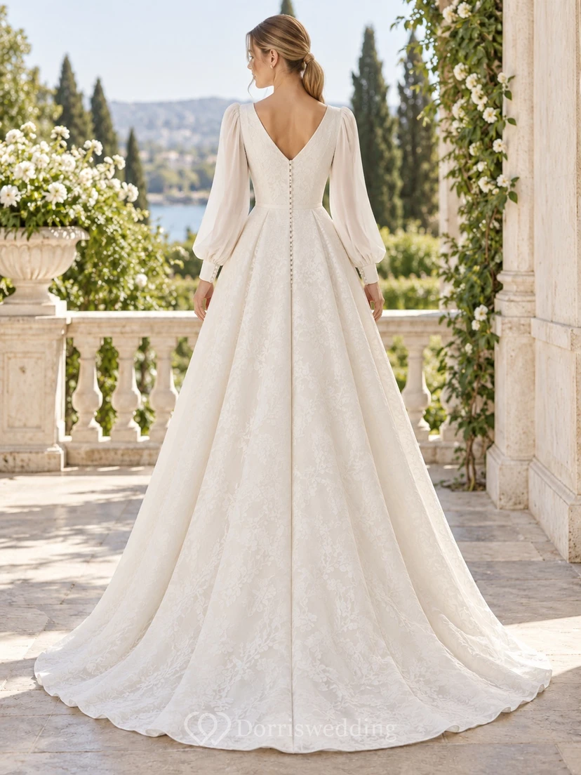 Long Poet Sleeve V-neck Button Lace A-Line Wedding Dress view 2