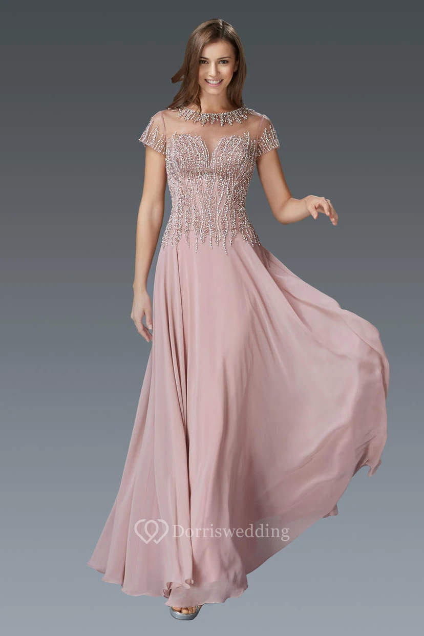 Sheath Scoop-Neck Short Sleeve Chiffon Illusion Dress With Beading