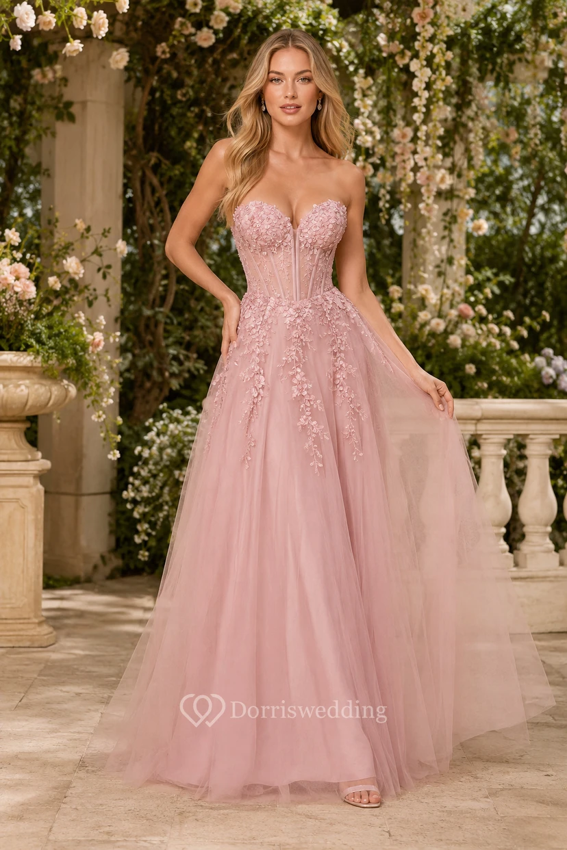 Blushing Pink Tulle A-Line Prom Dress with Lace Applique and Strapless Bodice