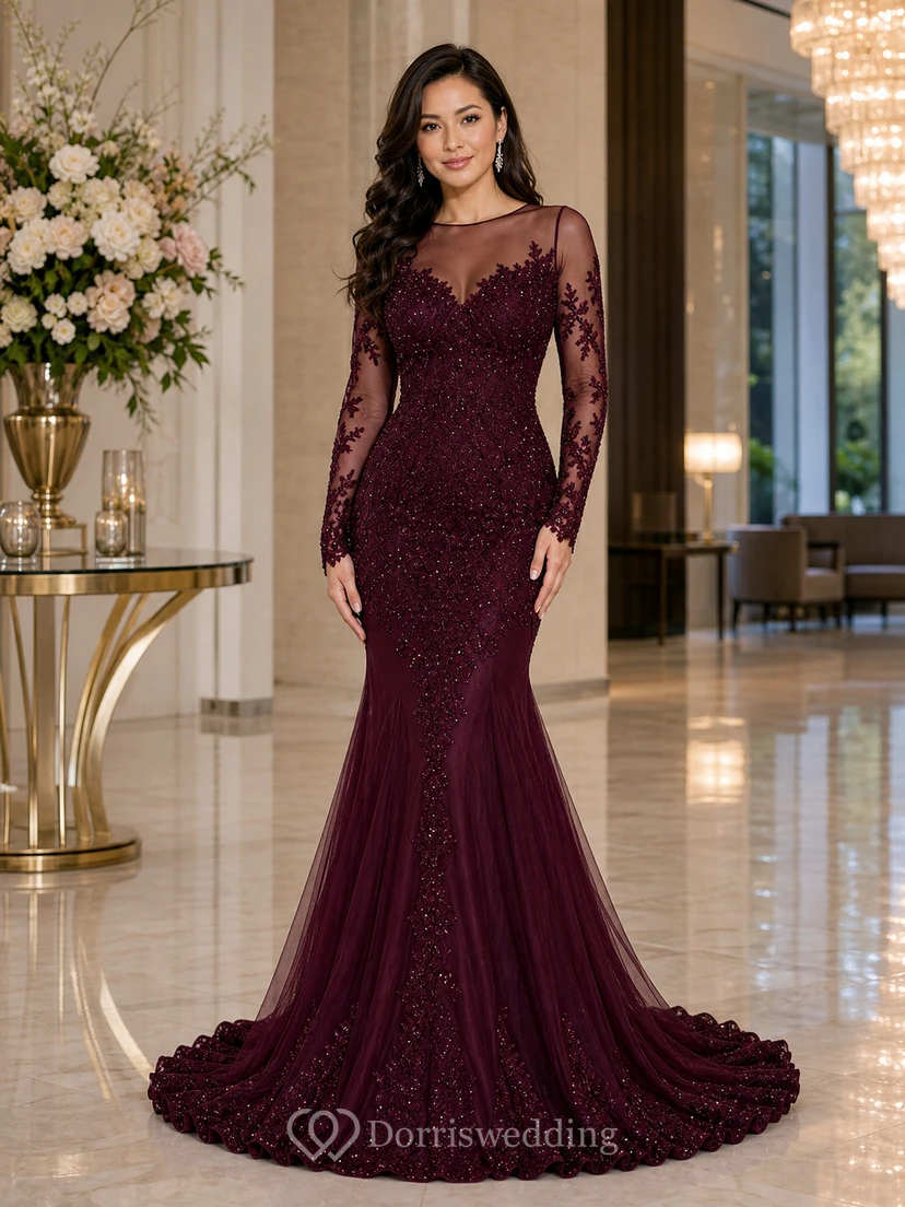 High Neck Mermaid Floor-length Sweep Brush Train Long Sleeve Lace Evening Dress with Zipper Back view 7