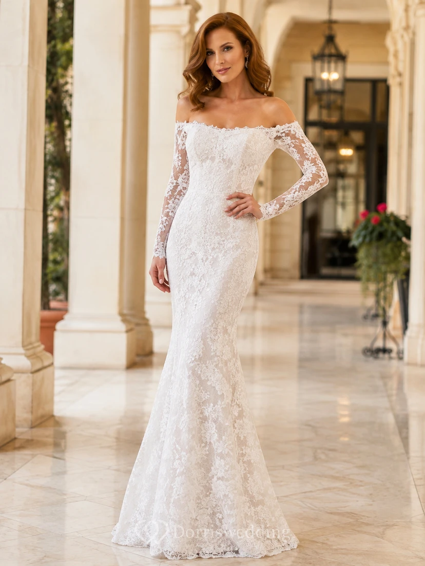 Robe de mariée sirène romantique à épaules dénudées, manches longues en dentelle et traîne balayée