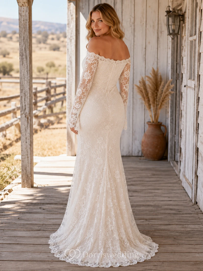 Robe de mariée sirène à épaules dénudées, manches longues en dentelle et traîne, style western, pour femme enceinte. view 2
