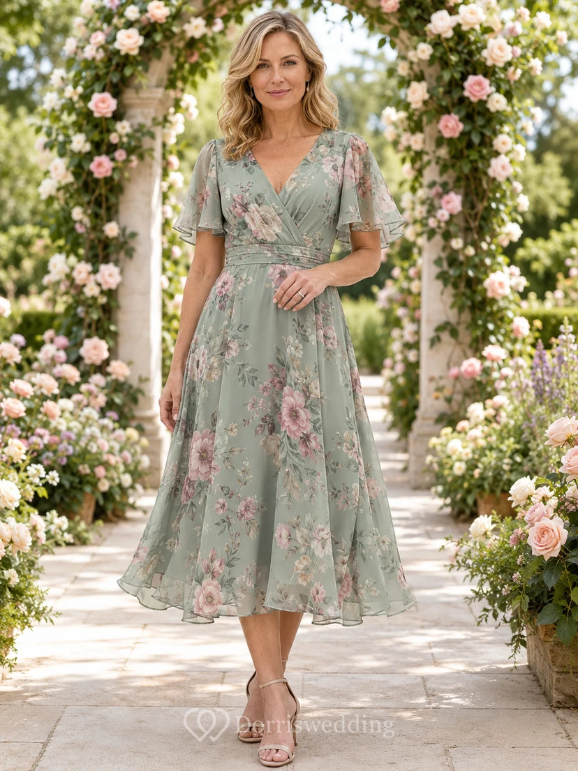 Sage floral V neck flutter sleeve midi wedding guest dress
