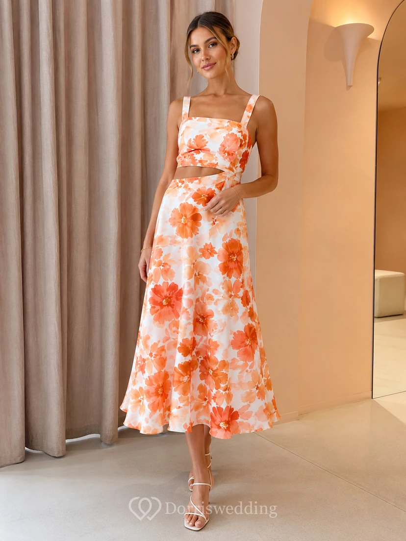 Vestido de corte A de largo midi con tirantes finos y estampado floral naranja