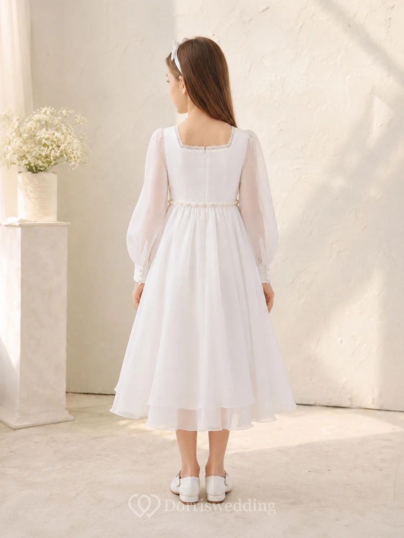 Weißes Chiffon-Teekleid mit eckigem Ausschnitt und Bischofsärmeln, perfekt für die Kommunion view 2