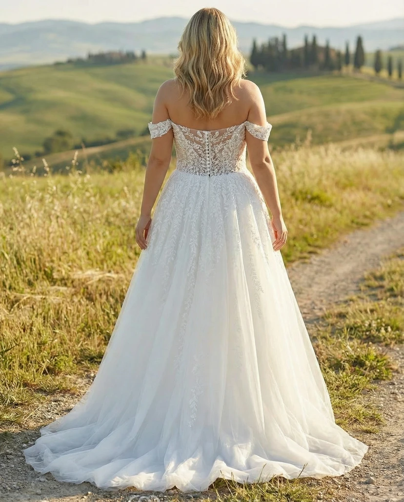 Plus Size Off Shoulder Lace A-Line Wedding Dress with Sweetheart Bodice view 2