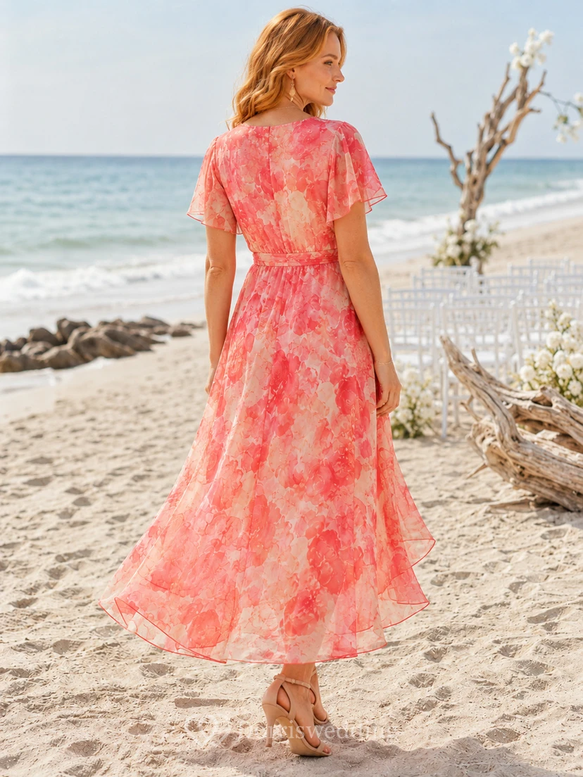 Coral Floral Print V-neck High-low Chiffon Guest Dress view 2