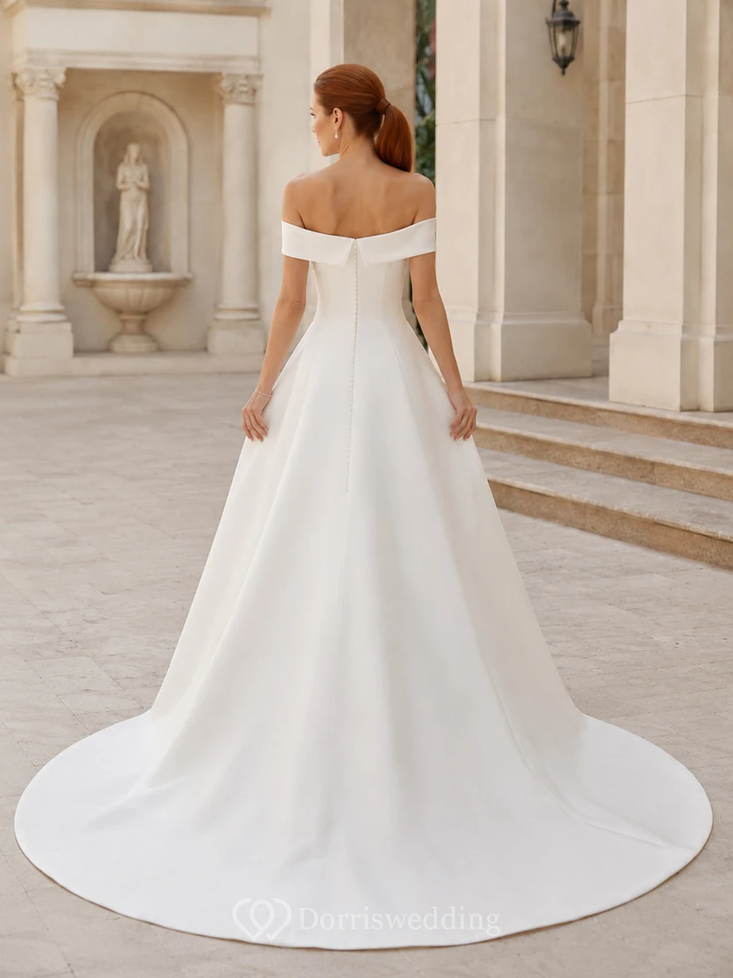 Vestido de novia minimalista de satén, corte en A, hombros descubiertos, cola larga. view 2