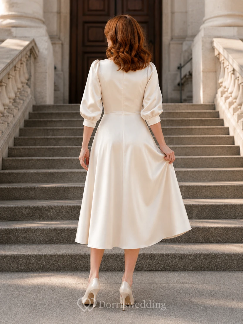 Robe de mariée en satin à manches bouffantes et col en V, coupe courte, style Courthouse view 2