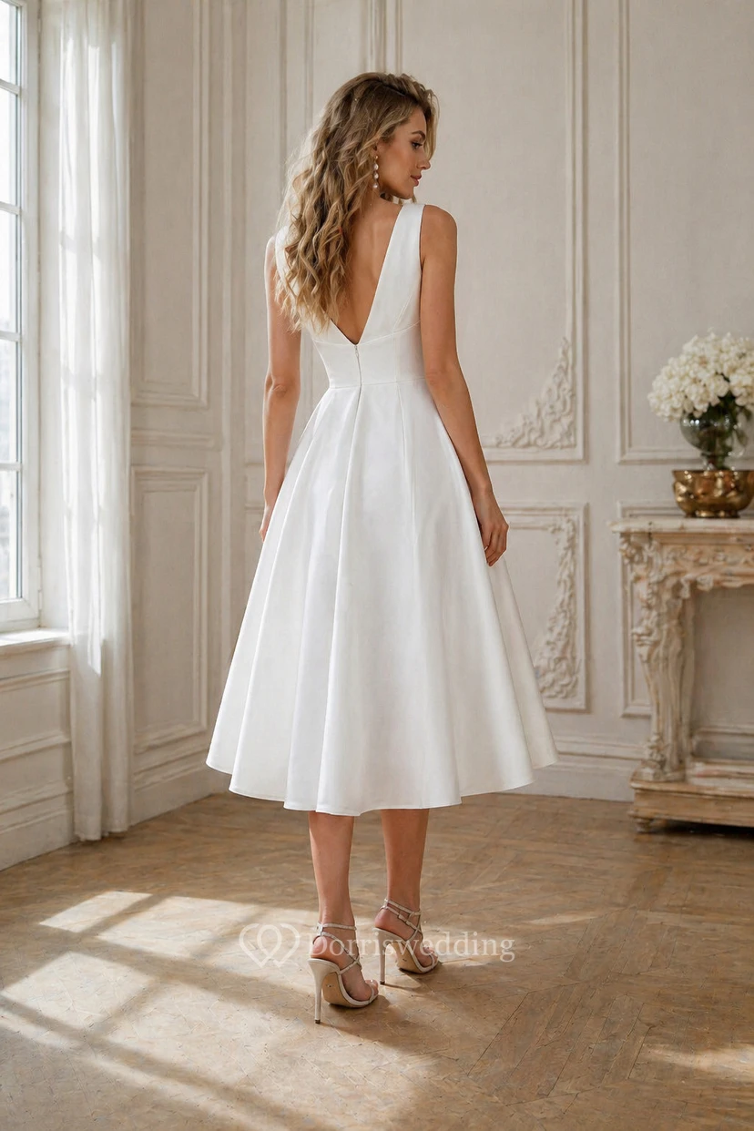 Simple Satin Empire A-line Tea-length Wedding Dress view 2
