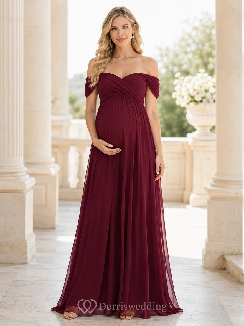 Burgundy Chiffon Short Sleeve Empire Off Shoulder Floor Length Maternity Dress